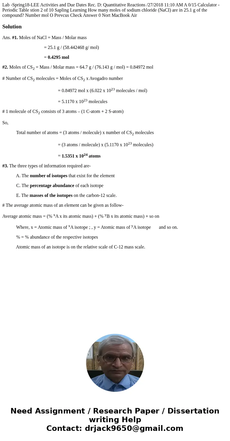 Lab -Spring18-LEE Activities and Due Dates Rec. D: Quantitative Reactions /27/2018 11:10 AM A 0/15 Calculator -Periodic Table stion 2 of 10 Sapling Learning Ho  Lab -Spring18-LEE Activities and Due Dates Rec. D: Quantitative Reactions /27/2018 11:10 AM A 0/15 Calculator -Periodic Table stion 2 of 10 Sapling Learning Ho