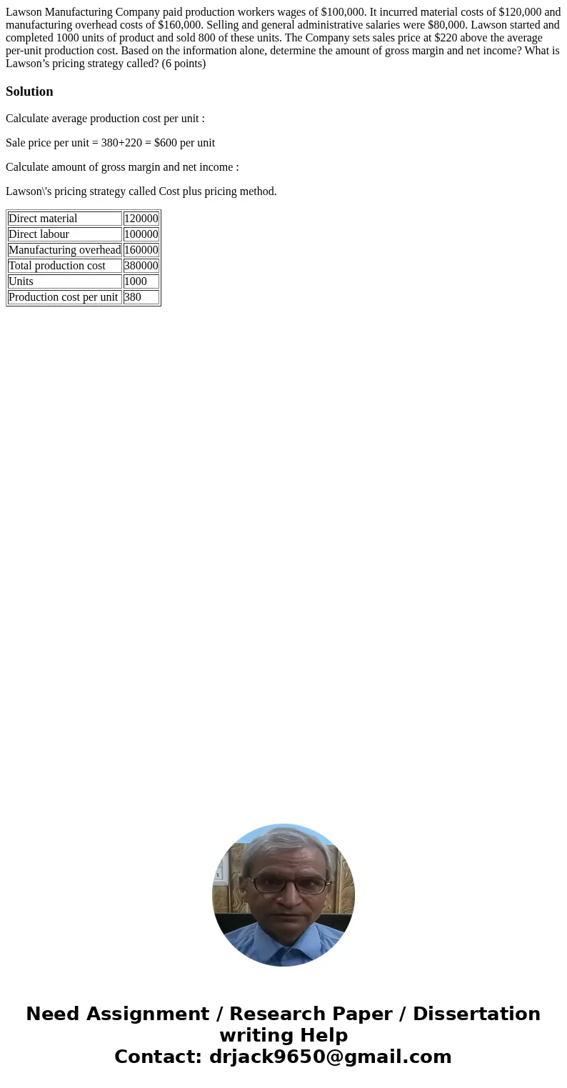 Lawson Manufacturing Company paid production workers wages of $100,000. It incurred material costs of $120,000 and manufacturing overhead costs of $160,000. Sel