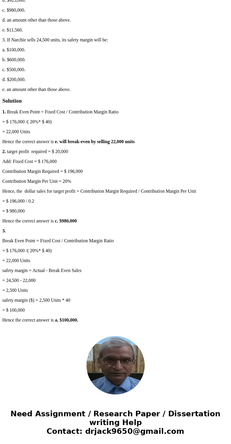 Narchie sells a single product for $40. Variable costs are 80% of the selling price, and the company has fixed costs that amount to $176,000. Current sales tota Narchie sells a single product for $40. Variable costs are 80% of the selling price, and the company has fixed costs that amount to $176,000. Current sales tota