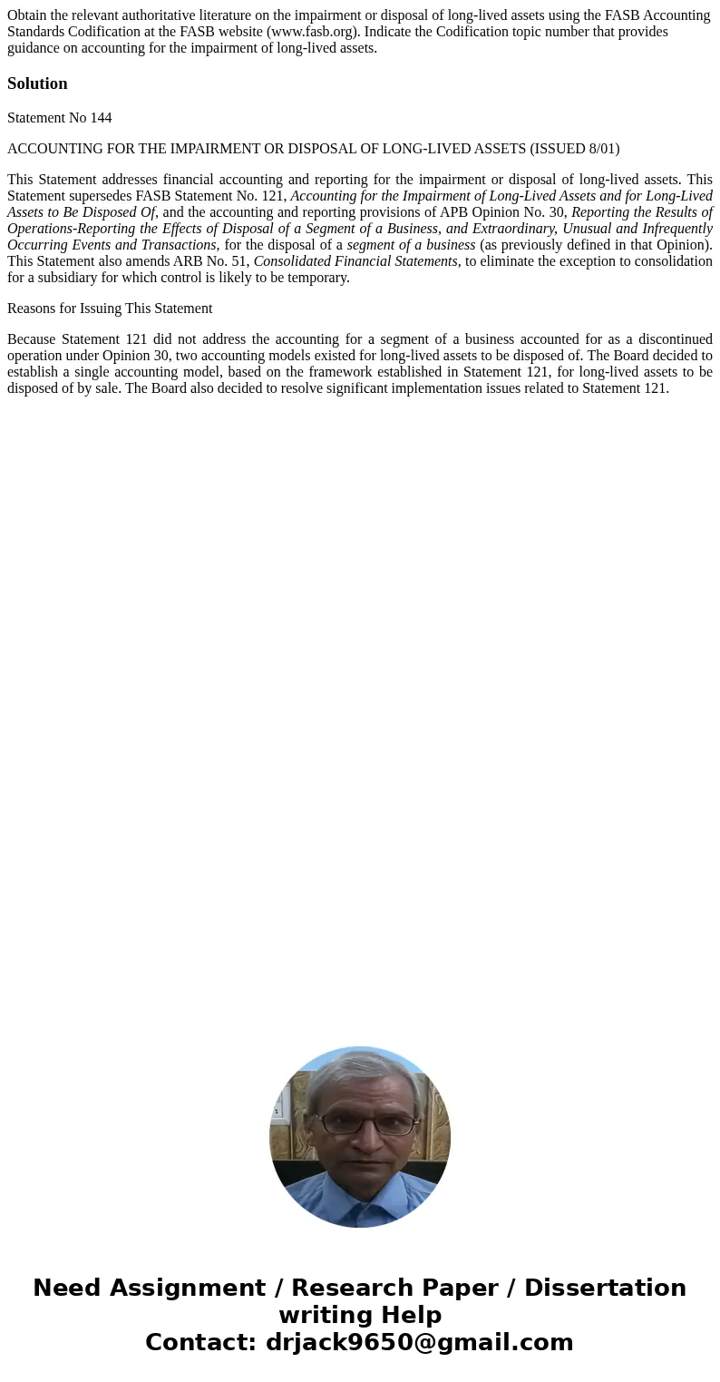 Obtain the relevant authoritative literature on the impairment or disposal of long-lived assets using the FASB Accounting Standards Codification at the FASB web