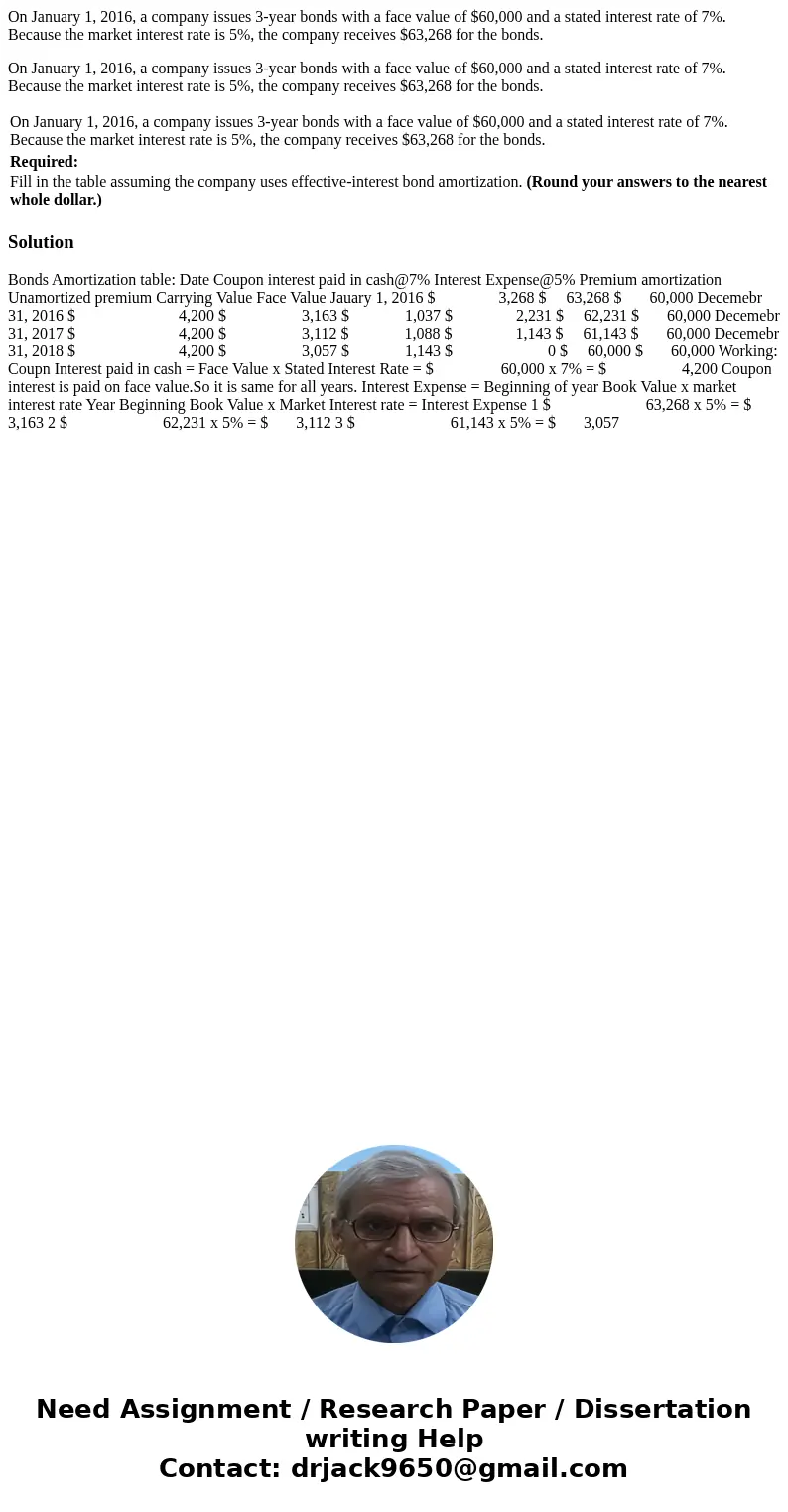 On January 1, 2016, a company issues 3-year bonds with a face value of $60,000 and a stated interest rate of 7%. Because the market interest rate is 5%, the com On January 1, 2016, a company issues 3-year bonds with a face value of $60,000 and a stated interest rate of 7%. Because the market interest rate is 5%, the com