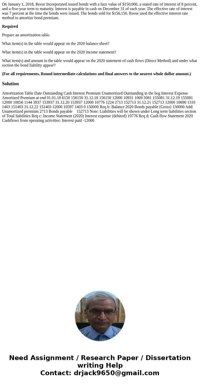 On January 1, 2018, Reese Incorporated issued bonds with a face value of $150,000, a stated rate of interest of 8 percent, and a five-year term to maturity. Int