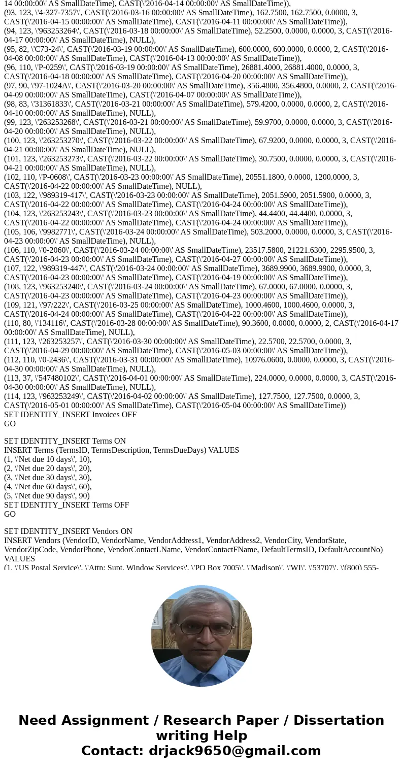 On Microsft SQL server management studio CIS336 Week 2 Lab Correct table joins and join fields: Vendors to Invoices (on VendorID) Invoices to InvoiceLineItems (