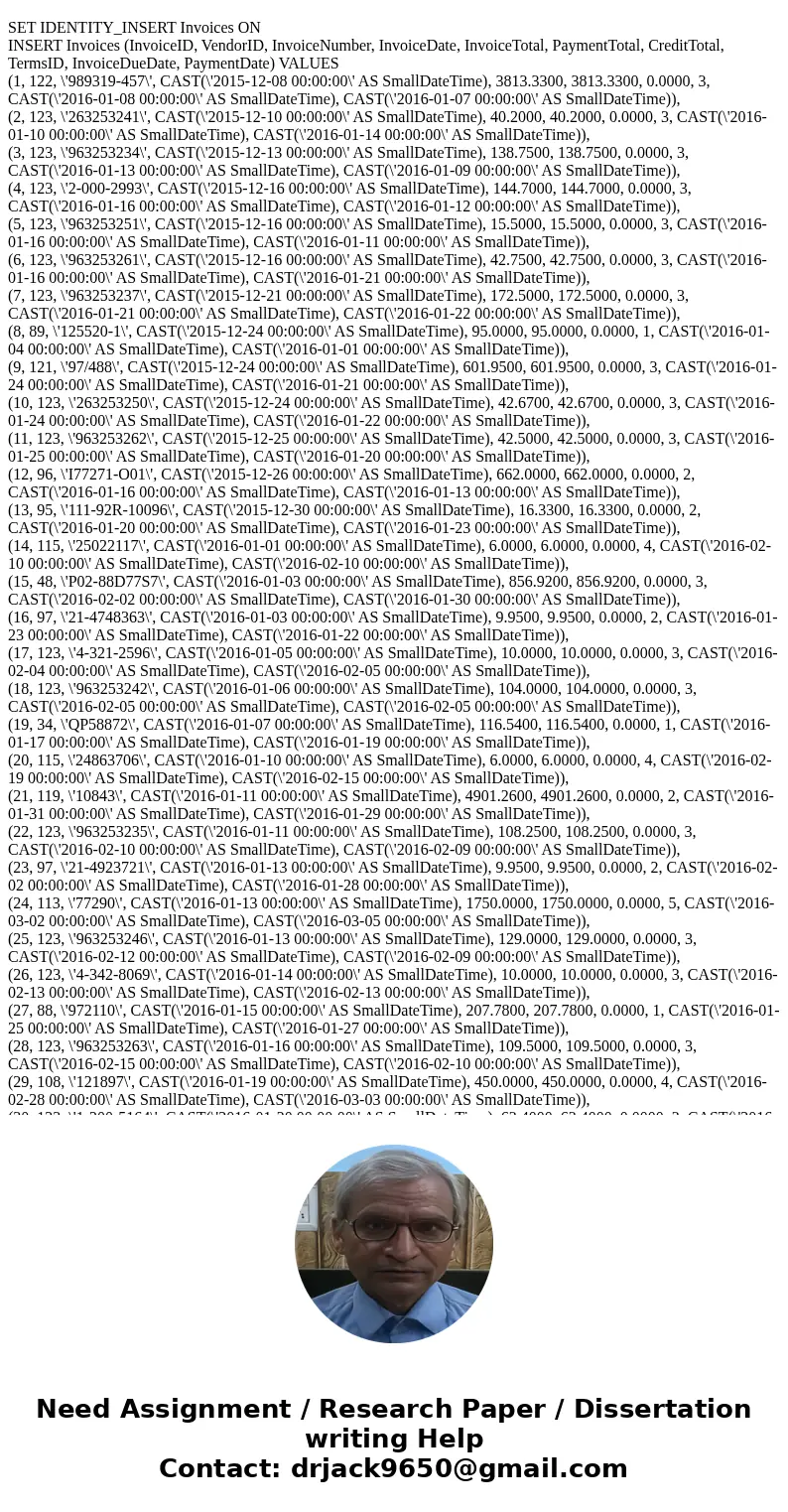 On Microsft SQL server management studio CIS336 Week 2 Lab Correct table joins and join fields: Vendors to Invoices (on VendorID) Invoices to InvoiceLineItems (