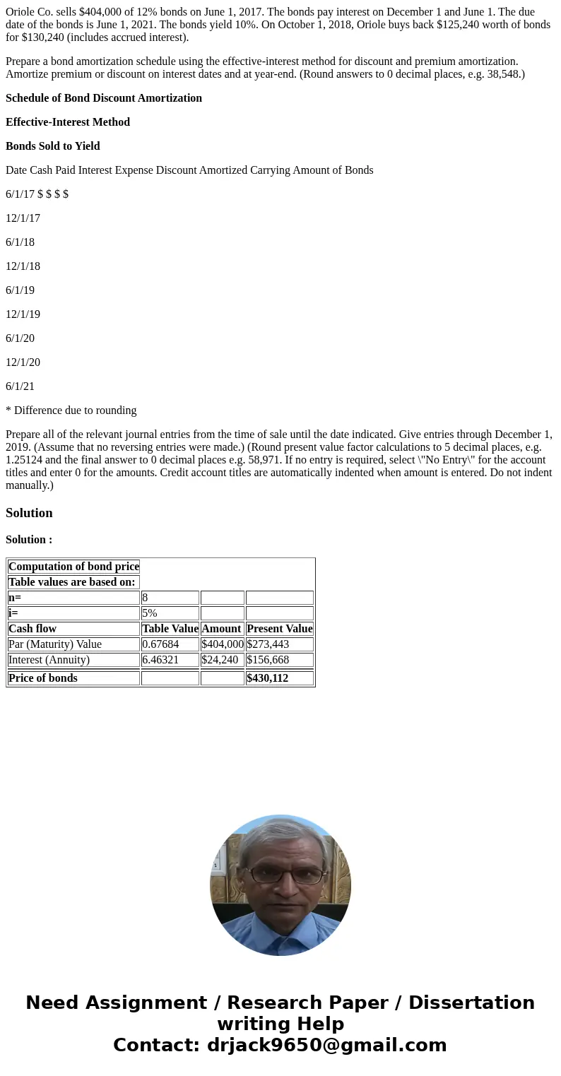 Oriole Co. sells $404,000 of 12% bonds on June 1, 2017. The bonds pay interest on December 1 and June 1. The due date of the bonds is June 1, 2021. The bonds yi