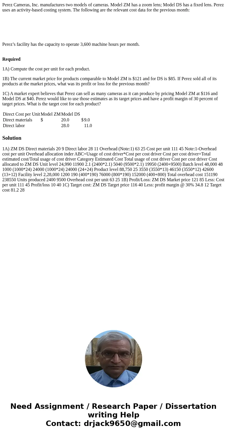 Perez Cameras, Inc. manufactures two models of cameras. Model ZM has a zoom lens; Model DS has a fixed lens. Perez uses an activity-based costing system. The fo