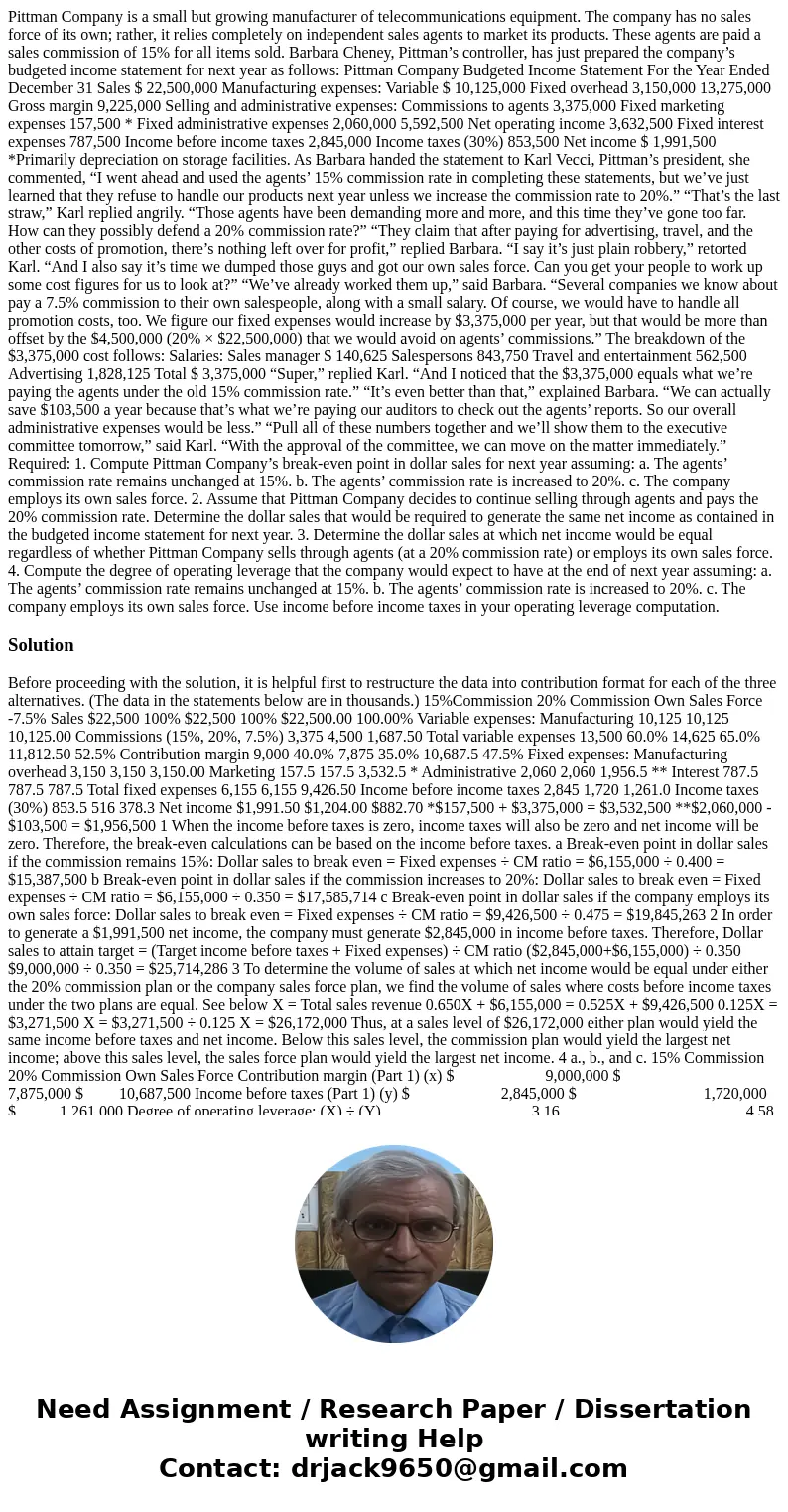 Pittman Company is a small but growing manufacturer of telecommunications equipment. The company has no sales force of its own; rather, it relies completely on  Pittman Company is a small but growing manufacturer of telecommunications equipment. The company has no sales force of its own; rather, it relies completely on