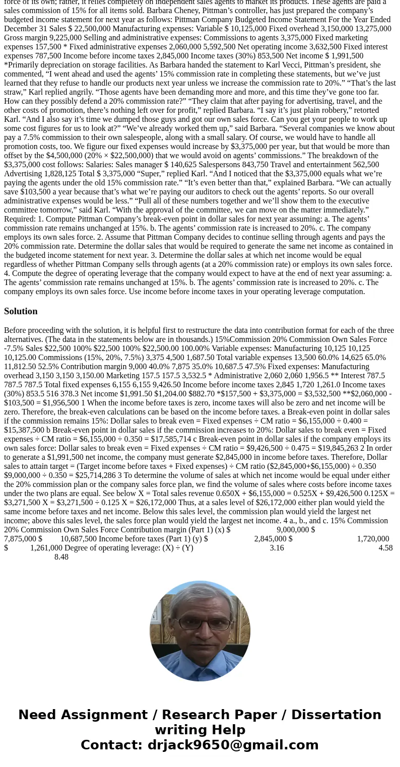 Pittman Company is a small but growing manufacturer of telecommunications equipment. The company has no sales force of its own; rather, it relies completely on  Pittman Company is a small but growing manufacturer of telecommunications equipment. The company has no sales force of its own; rather, it relies completely on