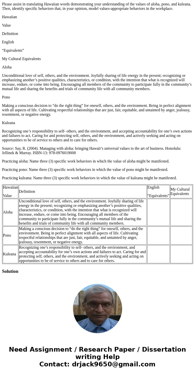 Please assist in translating Hawaiian words demonstrating your understanding of the values of aloha, pono, and kuleana. Then, identify specific behaviors that,  Please assist in translating Hawaiian words demonstrating your understanding of the values of aloha, pono, and kuleana. Then, identify specific behaviors that,