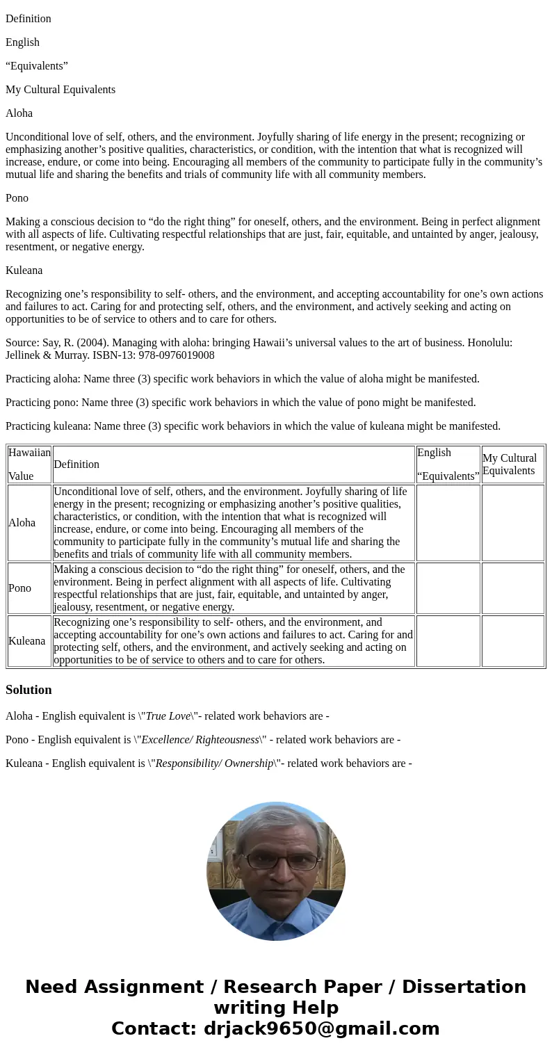 Please assist in translating Hawaiian words demonstrating your understanding of the values of aloha, pono, and kuleana. Then, identify specific behaviors that,  Please assist in translating Hawaiian words demonstrating your understanding of the values of aloha, pono, and kuleana. Then, identify specific behaviors that,