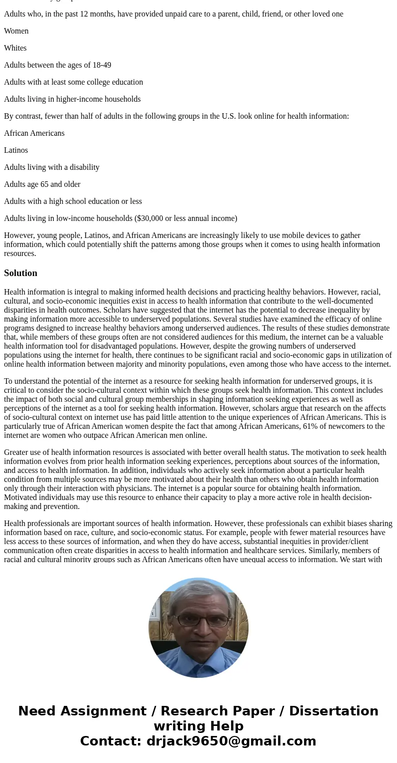 Please post an APA styled response! Review the following 2011 PEW Internet and American Life Center report: http://www.pewinternet.org/Reports/2011/HealthTopics Please post an APA styled response! Review the following 2011 PEW Internet and American Life Center report: http://www.pewinternet.org/Reports/2011/HealthTopics