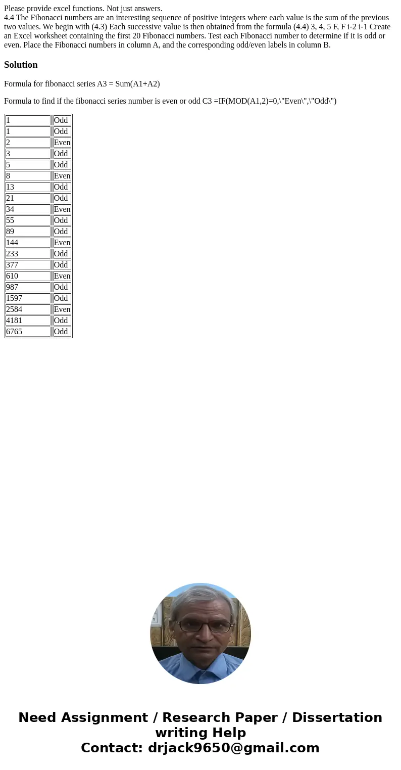 Please provide excel functions. Not just answers. 4.4 The Fibonacci numbers are an interesting sequence of positive integers where each value is the sum of the  Please provide excel functions. Not just answers. 4.4 The Fibonacci numbers are an interesting sequence of positive integers where each value is the sum of the