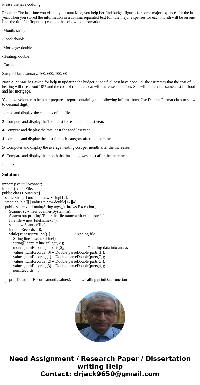 Please use java codding Problem: The last time you visited your aunt Mae, you help her find budget figures for some major expences for the last year. Then you s Please use java codding Problem: The last time you visited your aunt Mae, you help her find budget figures for some major expences for the last year. Then you s
