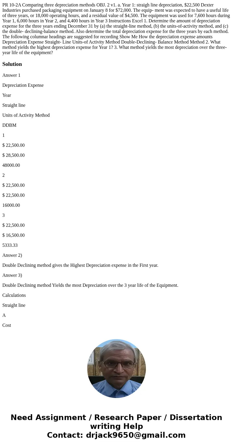  PR 10-2A Comparing three depreciation methods OBJ. 2 v1. a. Year 1: straigh line depreciation, $22,500 Dexter Industries purchased packaging equipment on Janua