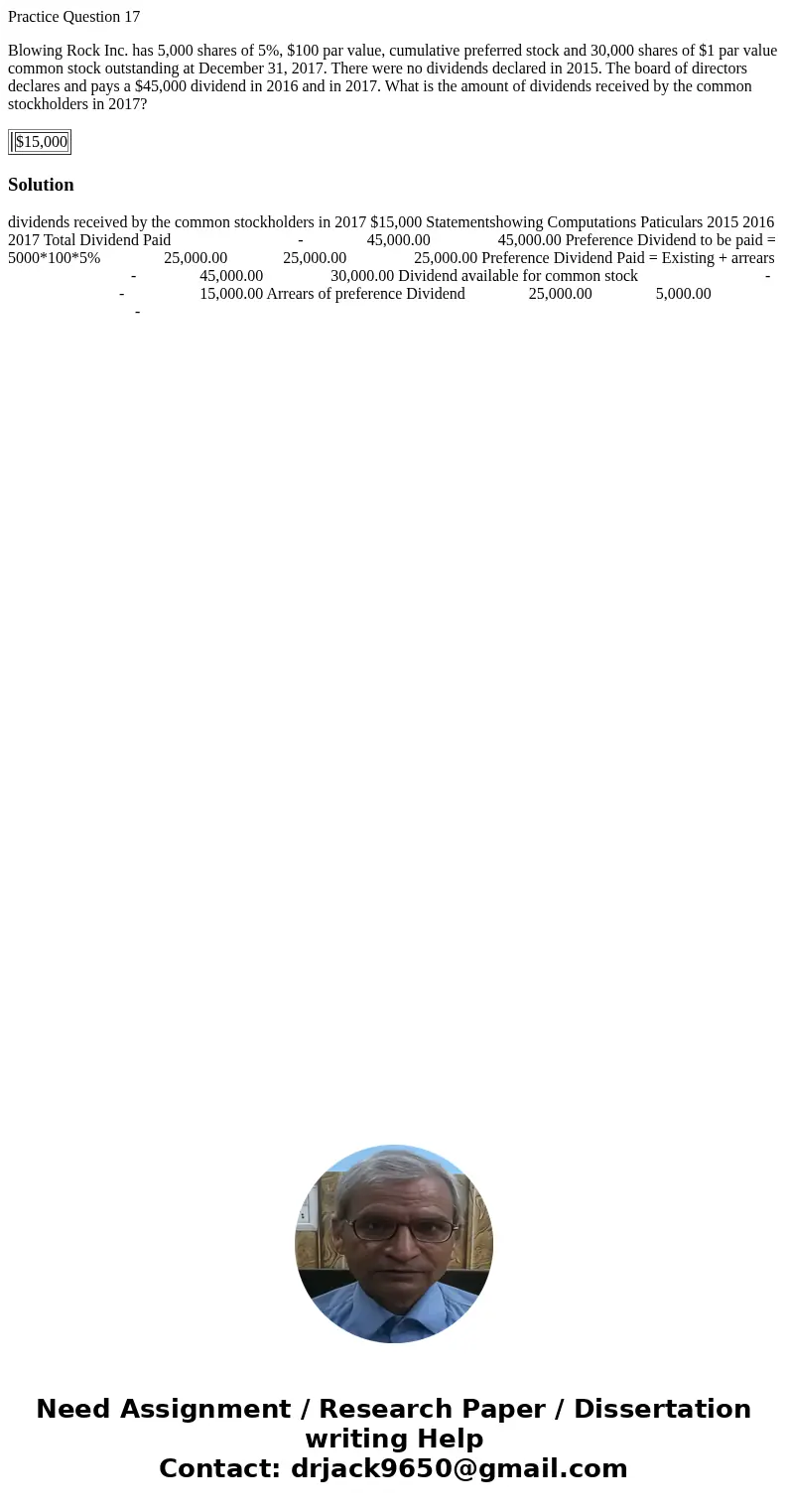 Practice Question 17 Blowing Rock Inc. has 5,000 shares of 5%, $100 par value, cumulative preferred stock and 30,000 shares of $1 par value common stock outstan Practice Question 17 Blowing Rock Inc. has 5,000 shares of 5%, $100 par value, cumulative preferred stock and 30,000 shares of $1 par value common stock outstan