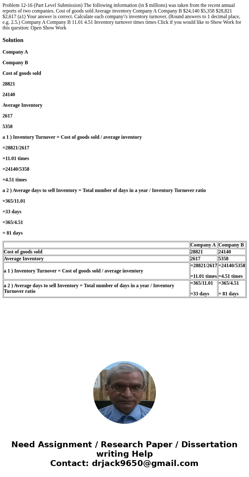 Problem 12-16 (Part Level Submission) The following information (in $ millions) was taken from the recent annual reports of two companies. Cost of goods sold A  Problem 12-16 (Part Level Submission) The following information (in $ millions) was taken from the recent annual reports of two companies. Cost of goods sold A
