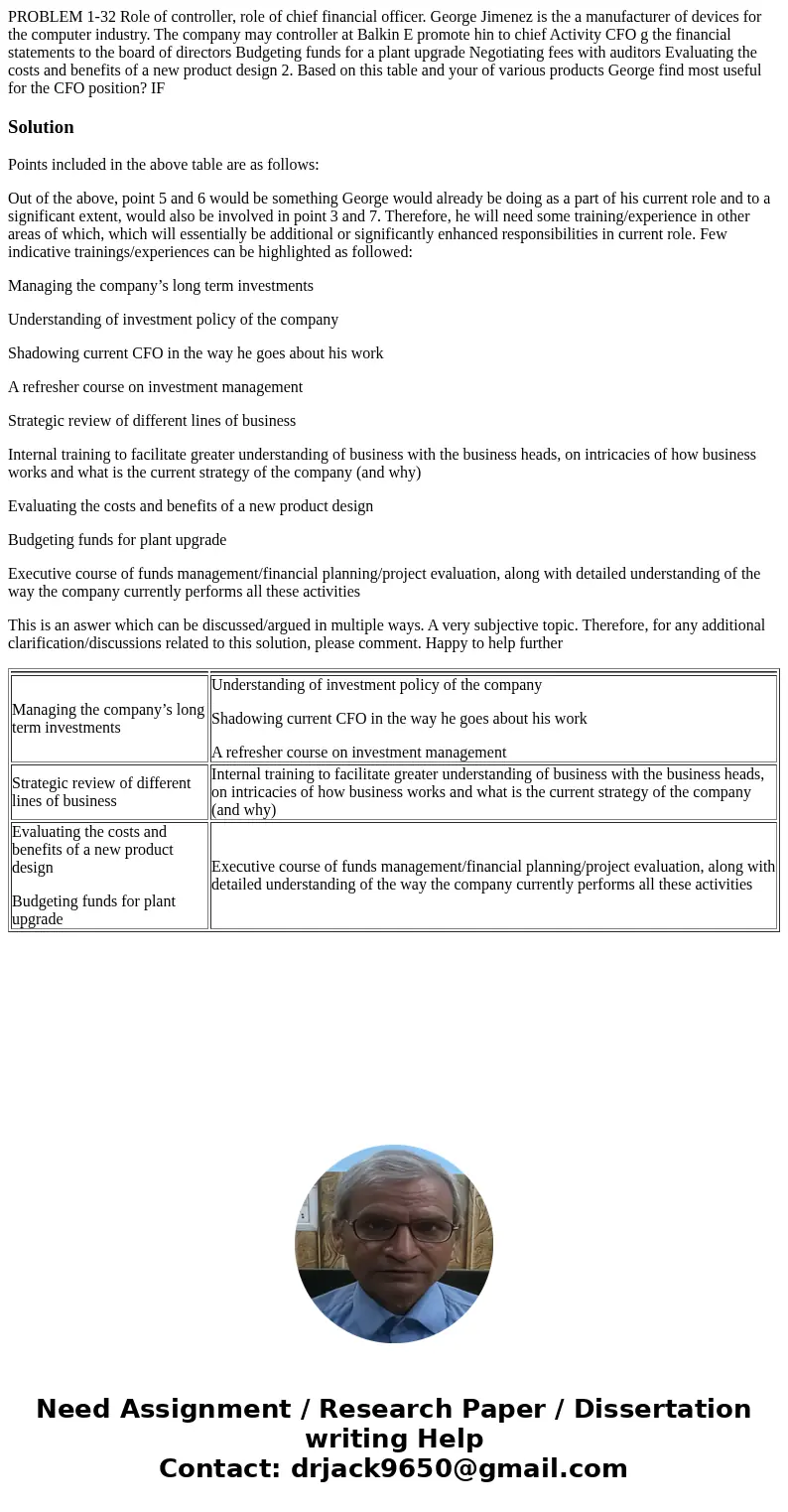 PROBLEM 1-32 Role of controller, role of chief financial officer. George Jimenez is the a manufacturer of devices for the computer industry. The company may co  PROBLEM 1-32 Role of controller, role of chief financial officer. George Jimenez is the a manufacturer of devices for the computer industry. The company may co