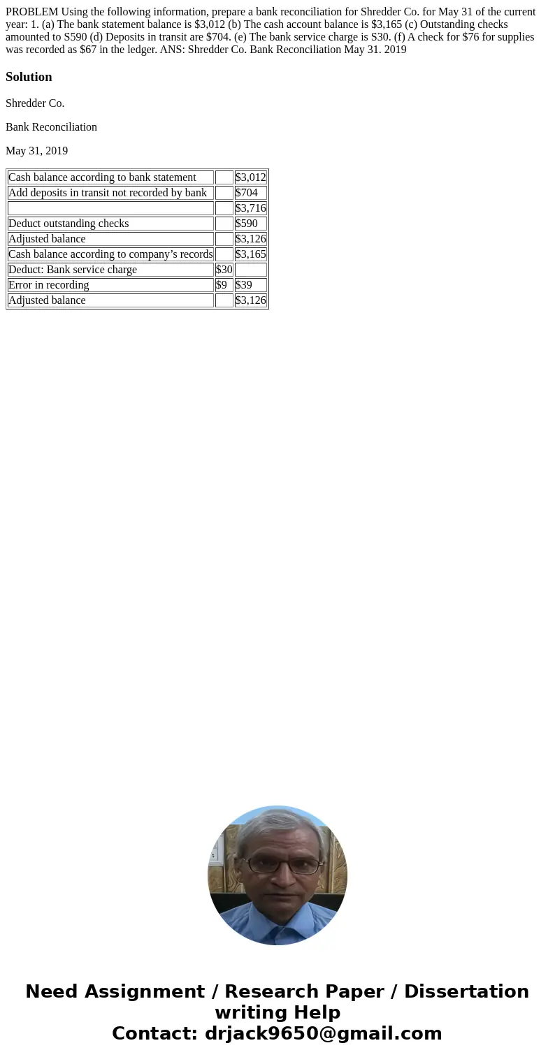 PROBLEM Using the following information, prepare a bank reconciliation for Shredder Co. for May 31 of the current year: 1. (a) The bank statement balance is $3  PROBLEM Using the following information, prepare a bank reconciliation for Shredder Co. for May 31 of the current year: 1. (a) The bank statement balance is $3
