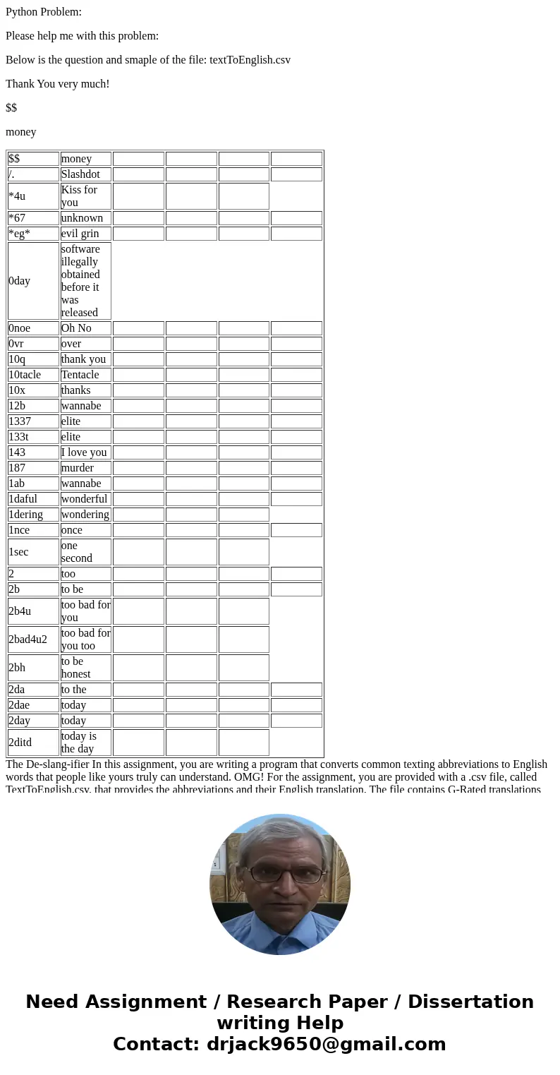 Python Problem: Please help me with this problem: Below is the question and smaple of the file: textToEnglish.csv Thank You very much! $$ money $$ money /. Slas
