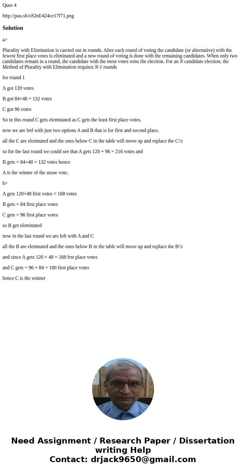Ques 4 http://puu.sh/oS2nI/424ce17f71.pngSolutiona> Plurality with Elimination is carried out in rounds. After each round of voting the candidate (or alterna Ques 4 http://puu.sh/oS2nI/424ce17f71.pngSolutiona> Plurality with Elimination is carried out in rounds. After each round of voting the candidate (or alterna