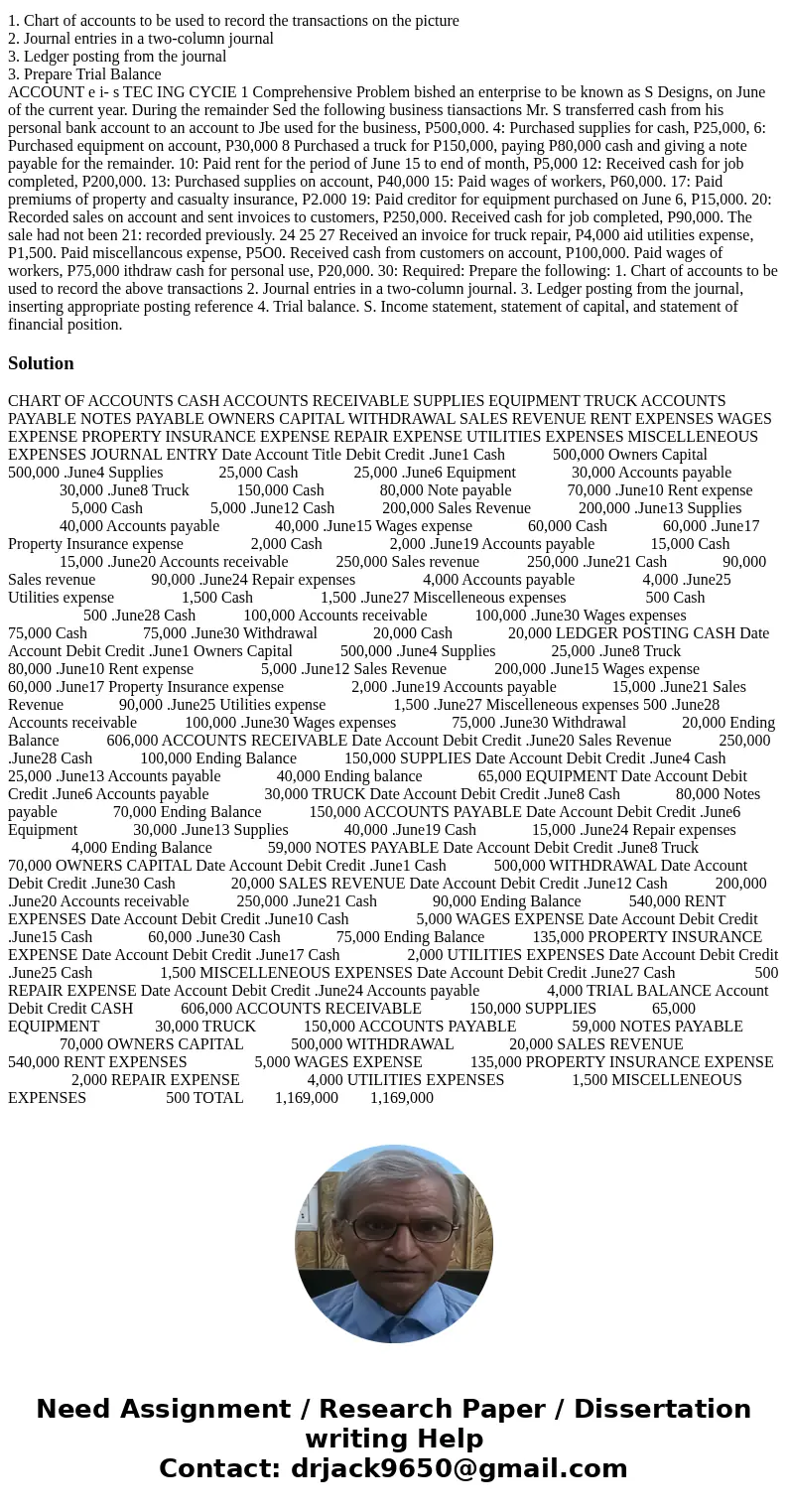 Required: Prepare the following 1. Chart of accounts to be used to record the transactions on the picture 2. Journal entries in a two-column journal 3. Ledger p Required: Prepare the following 1. Chart of accounts to be used to record the transactions on the picture 2. Journal entries in a two-column journal 3. Ledger p