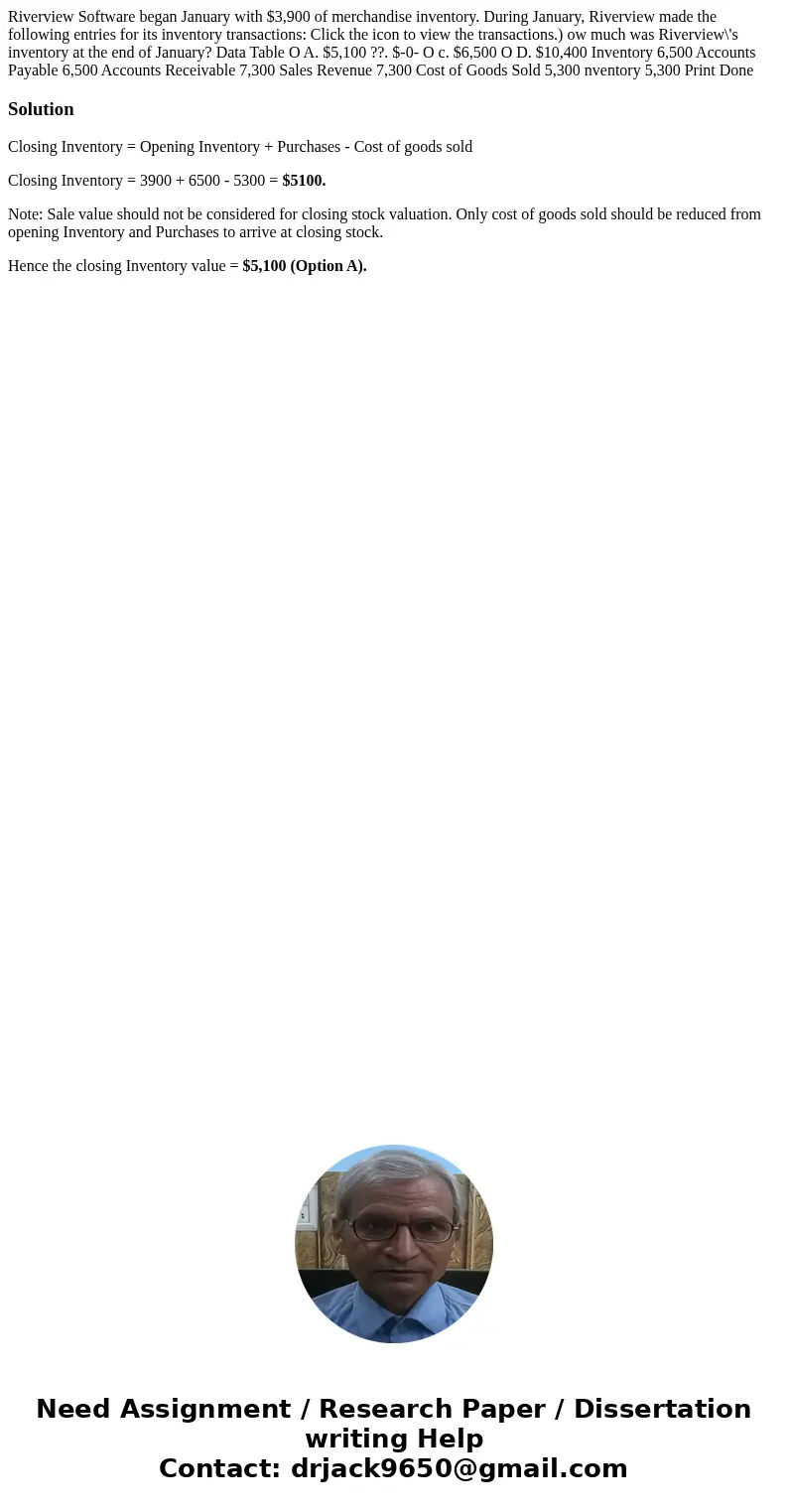 Riverview Software began January with $3,900 of merchandise inventory. During January, Riverview made the following entries for its inventory transactions: Cli  Riverview Software began January with $3,900 of merchandise inventory. During January, Riverview made the following entries for its inventory transactions: Cli