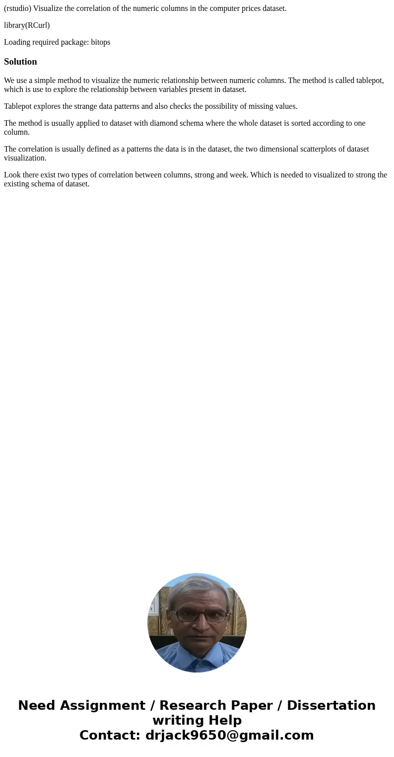 (rstudio) Visualize the correlation of the numeric columns in the computer prices dataset. library(RCurl) Loading required package: bitopsSolutionWe use a simpl