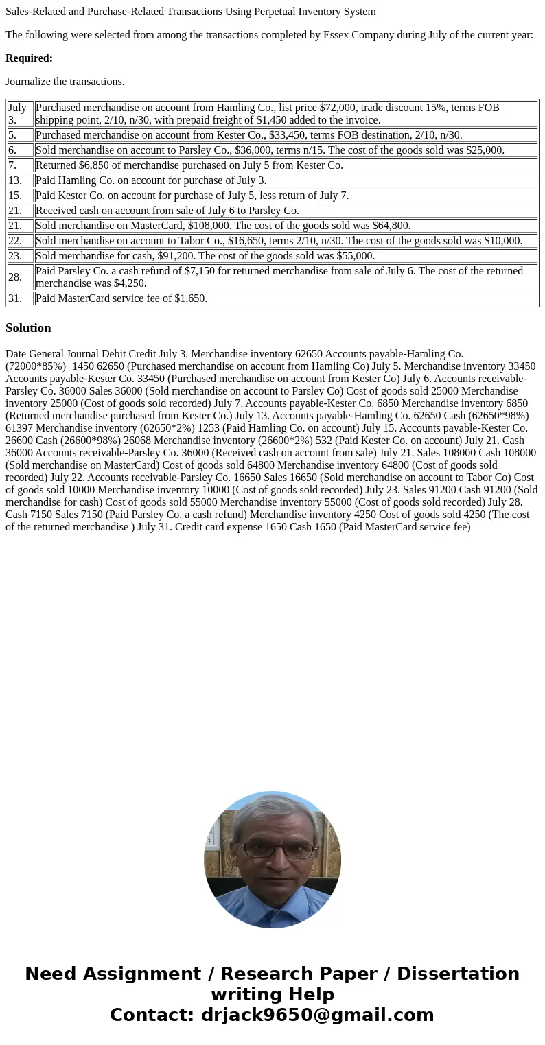 Sales-Related and Purchase-Related Transactions Using Perpetual Inventory System The following were selected from among the transactions completed by Essex Comp