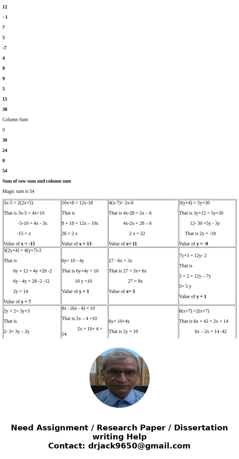  Set up and solve each equation. In a magic square, each row, column, and diagonal has the same sum. Magic sum is Solutionthe given 3x-5 = 2(2x+5) That is 3x-5 
