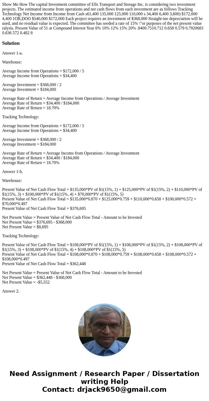 Show Me How The capital Investment committee of Ells Transport and Storage Inc. is considering two investment projects. The estimated income from operations an  Show Me How The capital Investment committee of Ells Transport and Storage Inc. is considering two investment projects. The estimated income from operations an
