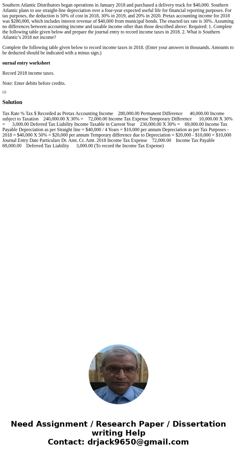 Southern Atlantic Distributors began operations in January 2018 and purchased a delivery truck for $40,000. Southern Atlantic plans to use straight-line depreci Southern Atlantic Distributors began operations in January 2018 and purchased a delivery truck for $40,000. Southern Atlantic plans to use straight-line depreci