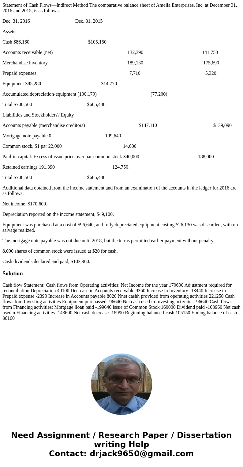 Statement of Cash Flows—Indirect Method The comparative balance sheet of Amelia Enterprises, Inc. at December 31, 2016 and 2015, is as follows: Dec. 31, 2016 De Statement of Cash Flows—Indirect Method The comparative balance sheet of Amelia Enterprises, Inc. at December 31, 2016 and 2015, is as follows: Dec. 31, 2016 De