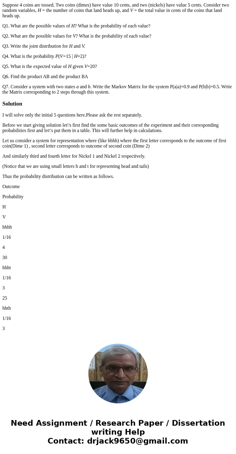 Suppose 4 coins are tossed. Two coins (dimes) have value 10 cents, and two (nickels) have value 5 cents. Consider two random variables, H = the number of coins 