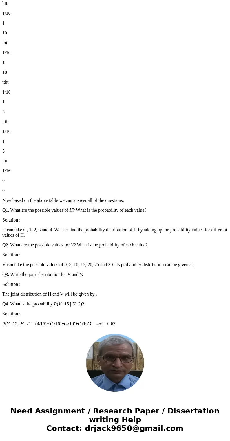 Suppose 4 coins are tossed. Two coins (dimes) have value 10 cents, and two (nickels) have value 5 cents. Consider two random variables, H = the number of coins 