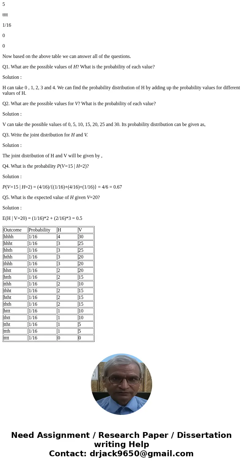 Suppose 4 coins are tossed. Two coins (dimes) have value 10 cents, and two (nickels) have value 5 cents. Consider two random variables, H = the number of coins 