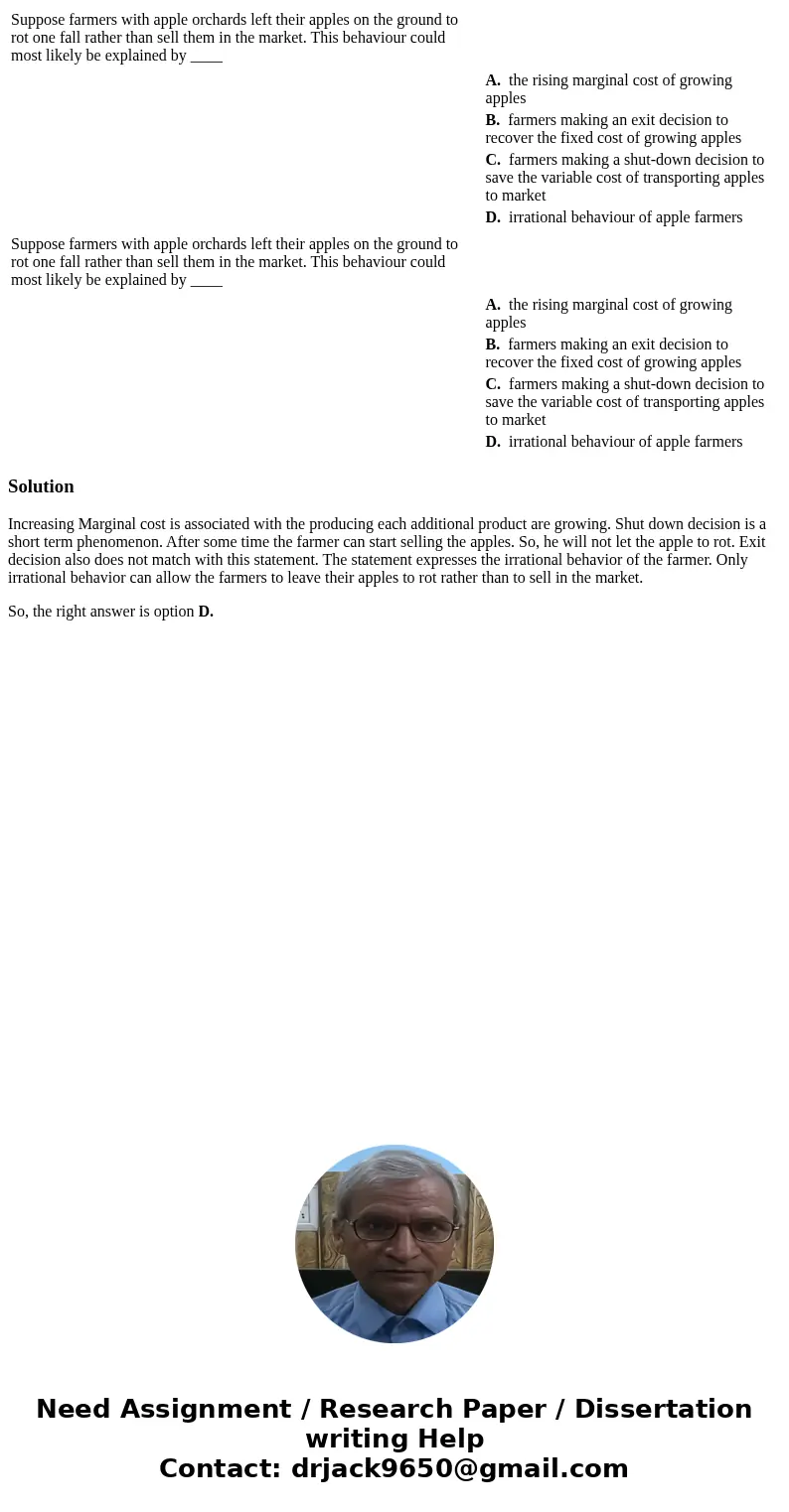  Suppose farmers with apple orchards left their apples on the ground to rot one fall rather than sell them in the market. This behaviour could most likely be ex