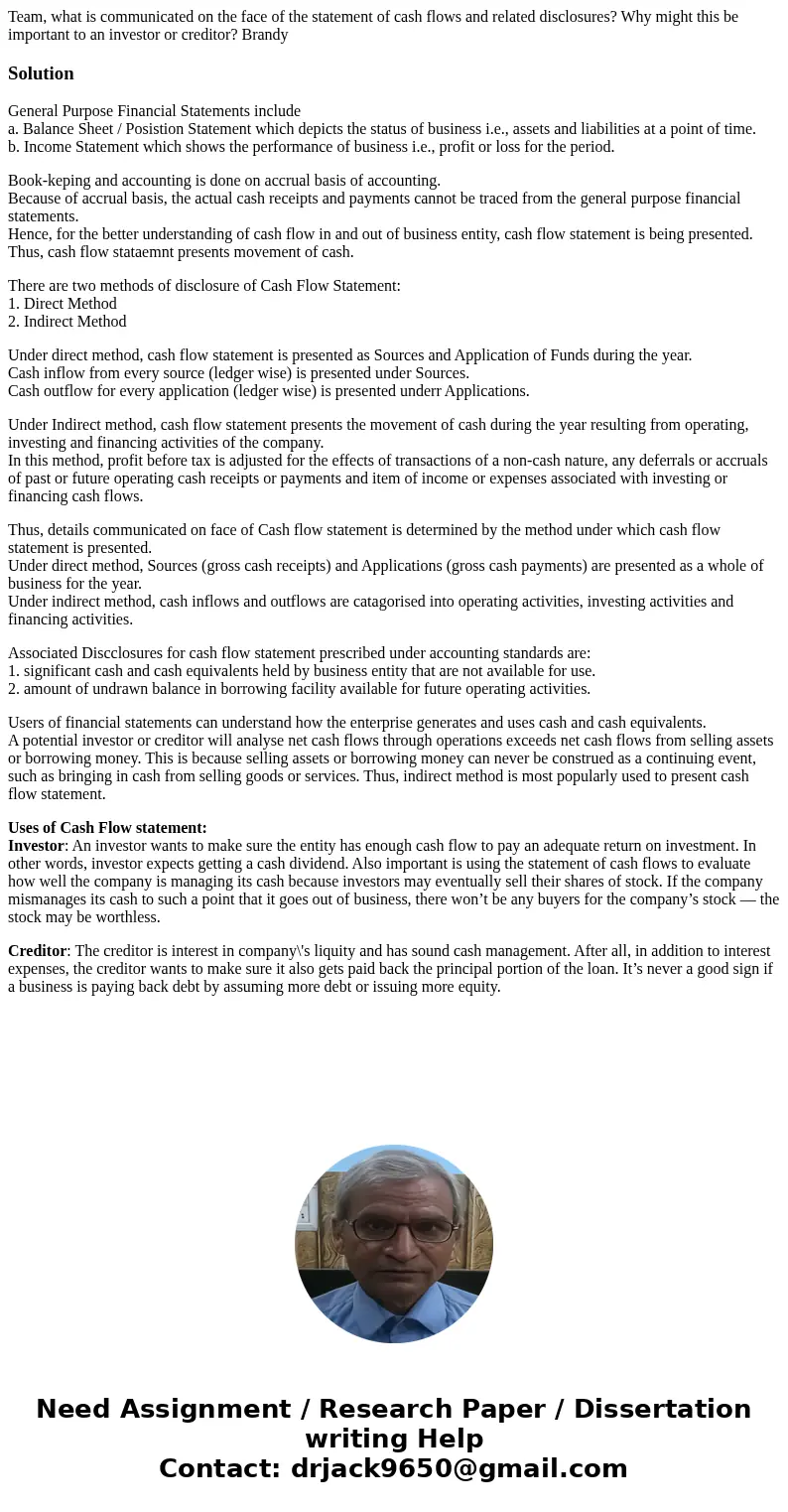 Team, what is communicated on the face of the statement of cash flows and related disclosures? Why might this be important to an investor or creditor? BrandySol Team, what is communicated on the face of the statement of cash flows and related disclosures? Why might this be important to an investor or creditor? BrandySol