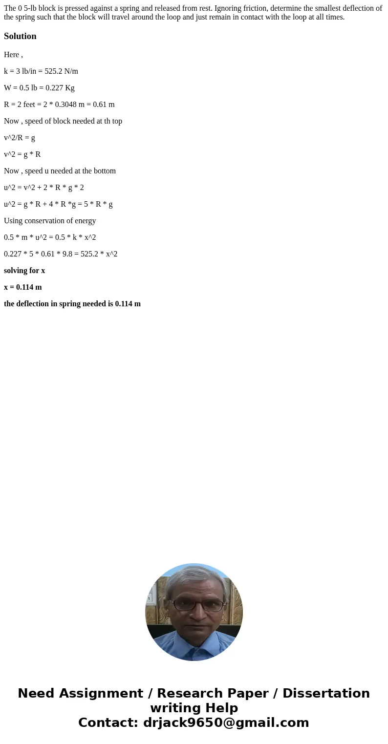 The 0 5-lb block is pressed against a spring and released from rest. Ignoring friction, determine the smallest deflection of the spring such that the block wil  The 0 5-lb block is pressed against a spring and released from rest. Ignoring friction, determine the smallest deflection of the spring such that the block wil