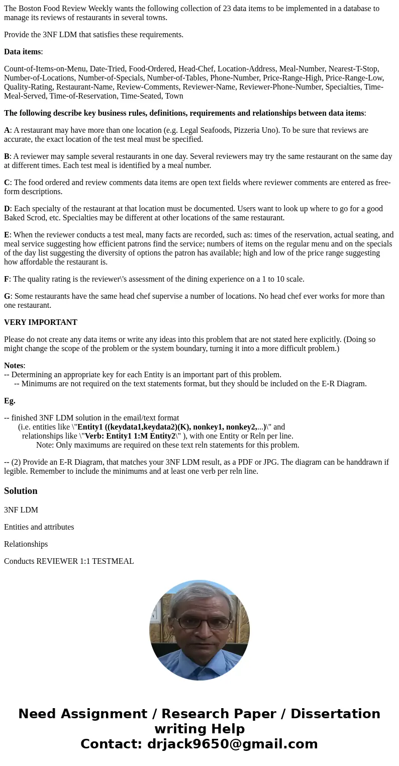 The Boston Food Review Weekly wants the following collection of 23 data items to be implemented in a database to manage its reviews of restaurants in several to The Boston Food Review Weekly wants the following collection of 23 data items to be implemented in a database to manage its reviews of restaurants in several to