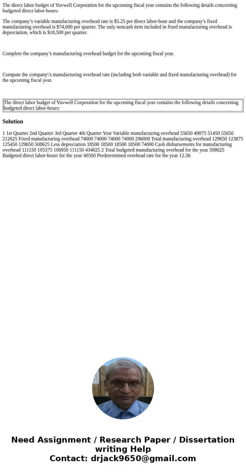 The direct labor budget of Yuvwell Corporation for the upcoming fiscal year contains the following details concerning budgeted direct labor-hours: The company’s The direct labor budget of Yuvwell Corporation for the upcoming fiscal year contains the following details concerning budgeted direct labor-hours: The company’s