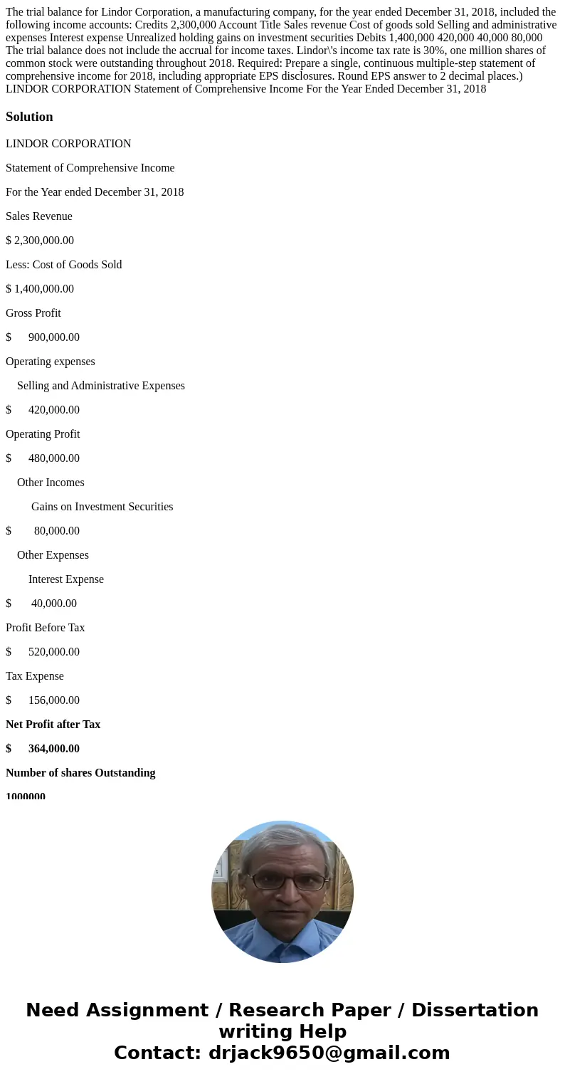  The trial balance for Lindor Corporation, a manufacturing company, for the year ended December 31, 2018, included the following income accounts: Credits 2,300,