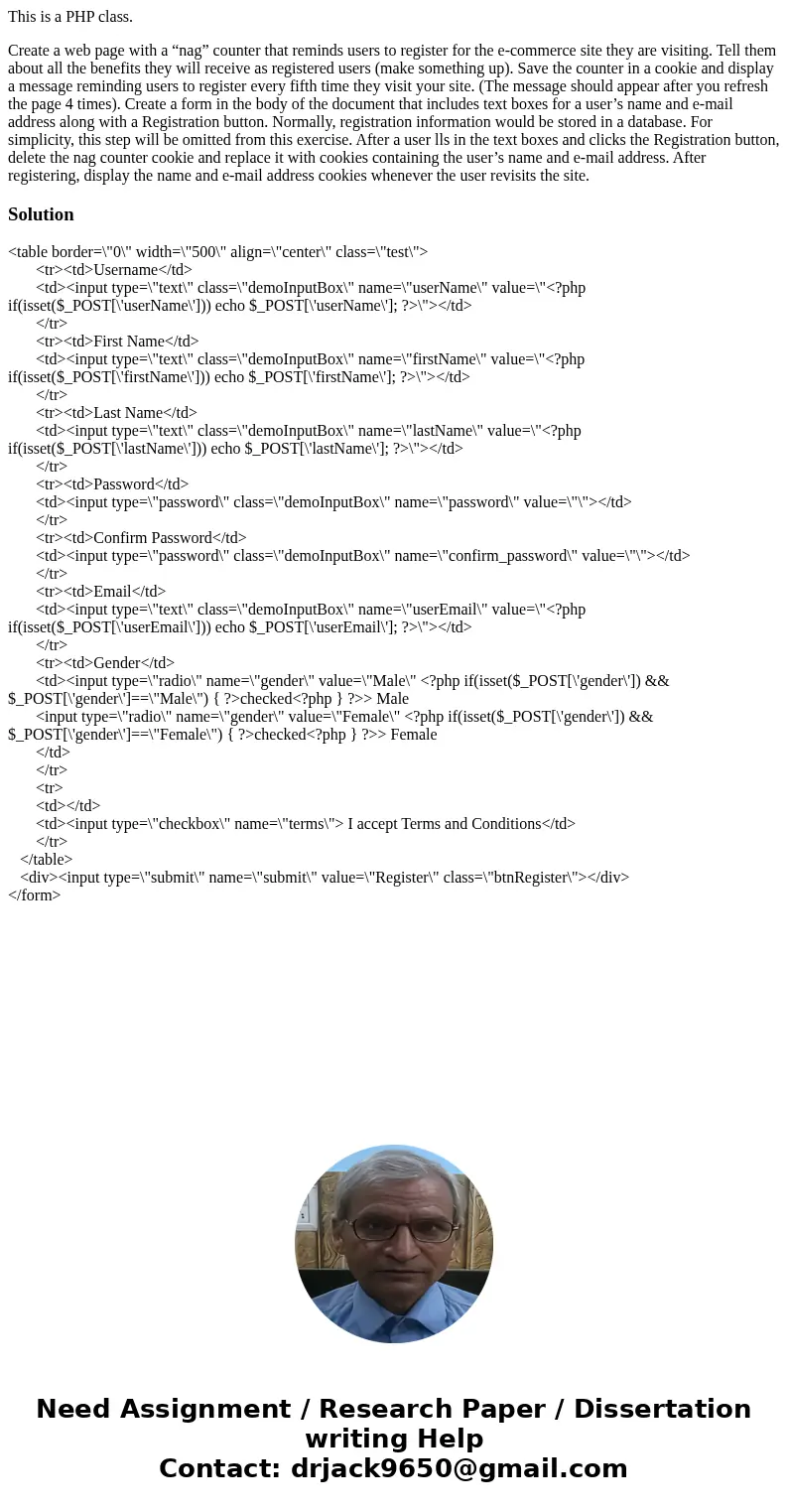 This is a PHP class. Create a web page with a “nag” counter that reminds users to register for the e-commerce site they are visiting. Tell them about all the be