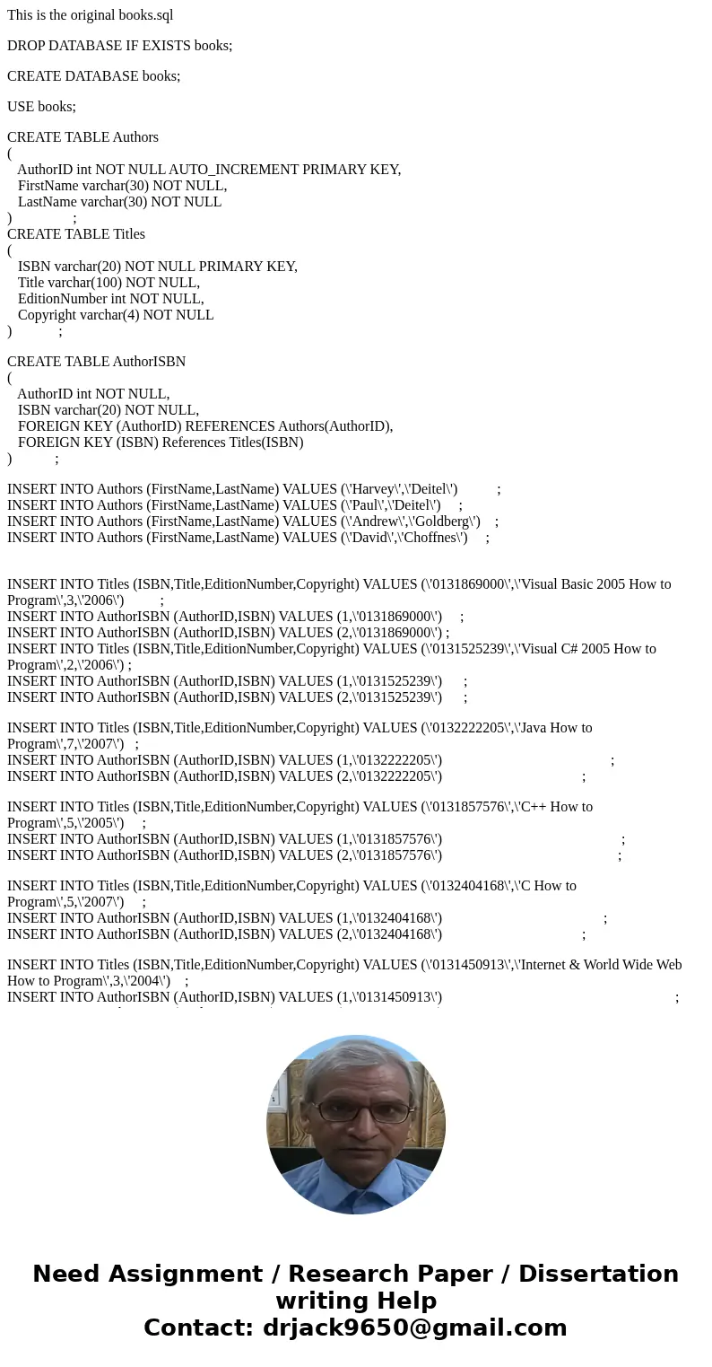 This is the original books.sql DROP DATABASE IF EXISTS books; CREATE DATABASE books; USE books; CREATE TABLE Authors ( AuthorID int NOT NULL AUTO_INCREMENT PRIM