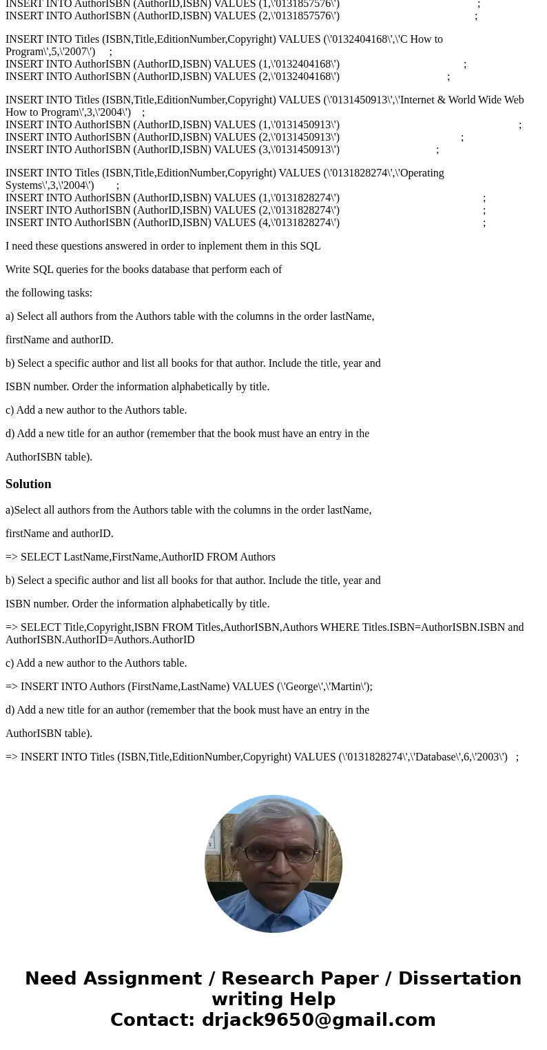 This is the original books.sql DROP DATABASE IF EXISTS books; CREATE DATABASE books; USE books; CREATE TABLE Authors ( AuthorID int NOT NULL AUTO_INCREMENT PRIM