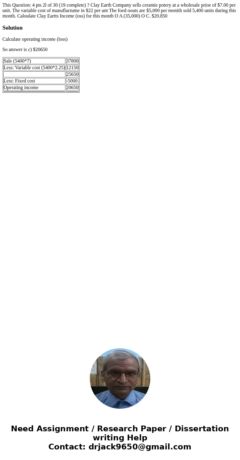 This Question: 4 pts 2l of 30 (19 complete) ? Clay Earth Company sells ceramie potery at a wholesale prioe of $7.00 per unit. The variable cost of manuflactume  This Question: 4 pts 2l of 30 (19 complete) ? Clay Earth Company sells ceramie potery at a wholesale prioe of $7.00 per unit. The variable cost of manuflactume