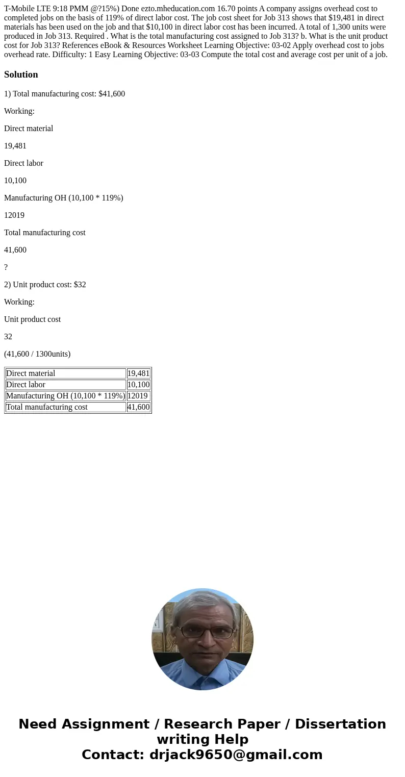 T-Mobile LTE 9:18 PMM @?15%) Done ezto.mheducation.com 16.70 points A company assigns overhead cost to completed jobs on the basis of 119% of direct labor cost  T-Mobile LTE 9:18 PMM @?15%) Done ezto.mheducation.com 16.70 points A company assigns overhead cost to completed jobs on the basis of 119% of direct labor cost