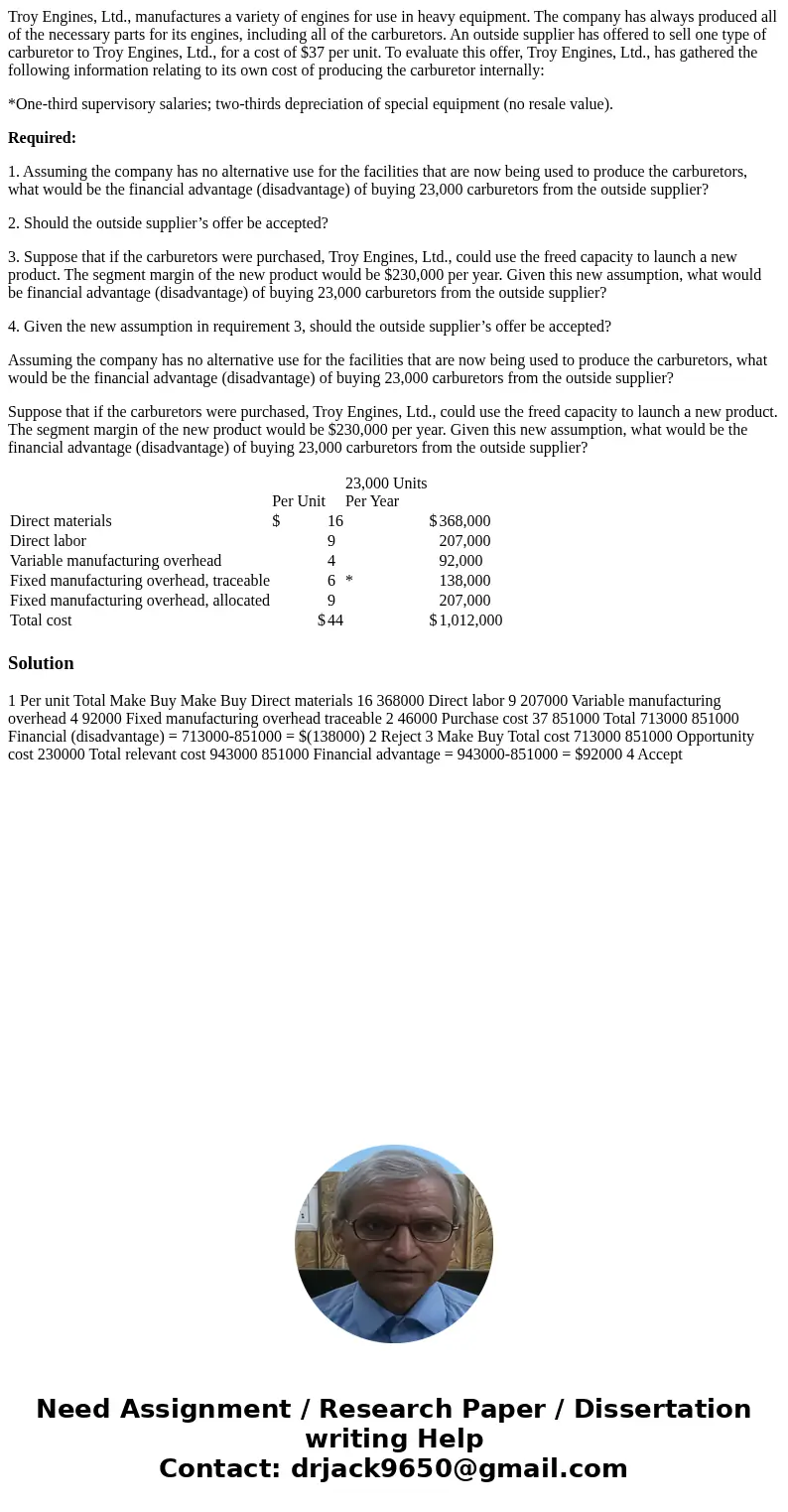 Troy Engines, Ltd., manufactures a variety of engines for use in heavy equipment. The company has always produced all of the necessary parts for its engines, in