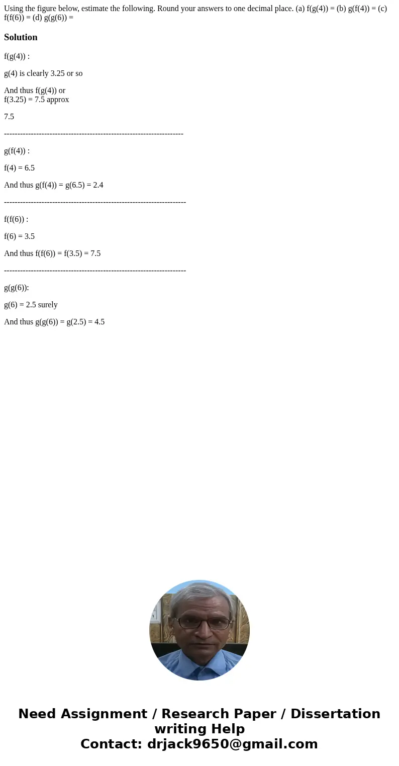 Using the figure below, estimate the following. Round your answers to one decimal place. (a) f(g(4)) = (b) g(f(4)) = (c) f(f(6)) = (d) g(g(6)) = Solutionf(g(4)  Using the figure below, estimate the following. Round your answers to one decimal place. (a) f(g(4)) = (b) g(f(4)) = (c) f(f(6)) = (d) g(g(6)) = Solutionf(g(4)
