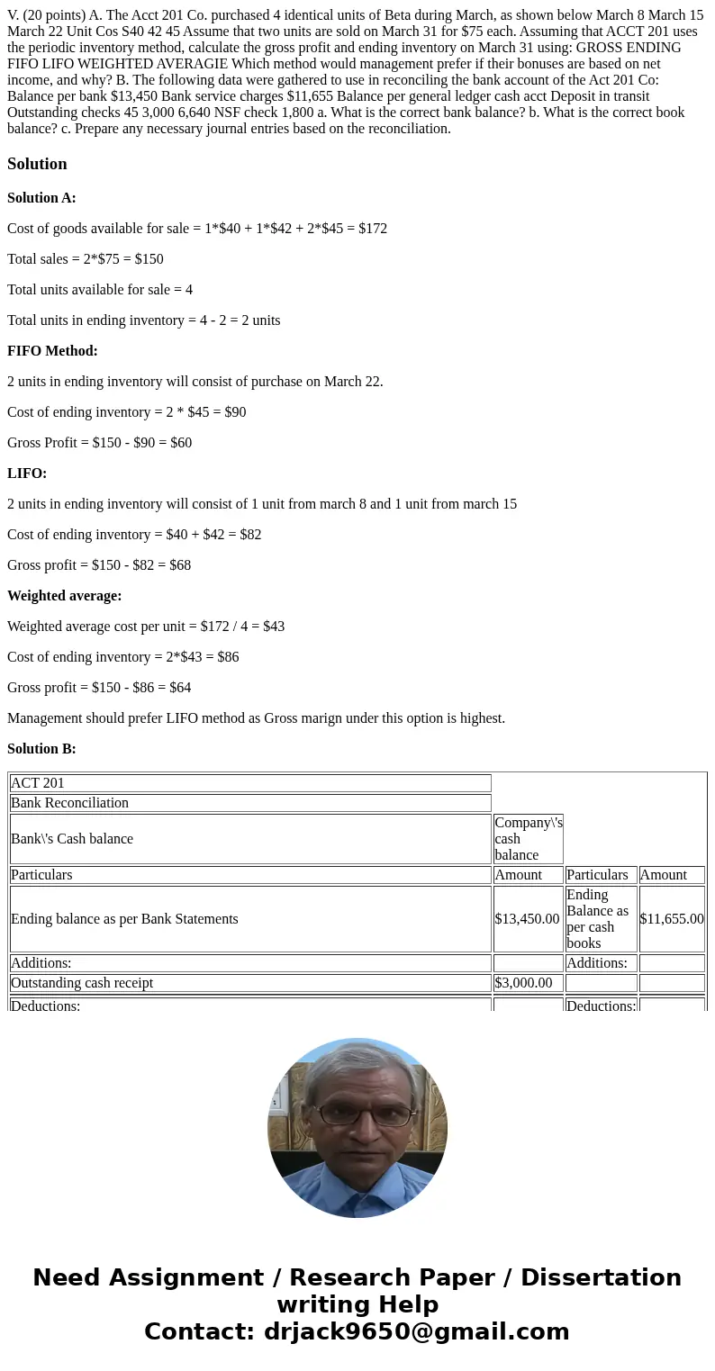  V. (20 points) A. The Acct 201 Co. purchased 4 identical units of Beta during March, as shown below March 8 March 15 March 22 Unit Cos S40 42 45 Assume that tw