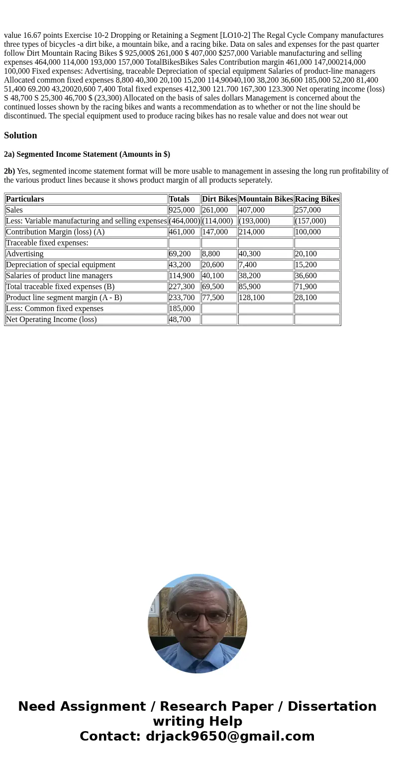  value 16.67 points Exercise 10-2 Dropping or Retaining a Segment [LO10-2] The Regal Cycle Company manufactures three types of bicycles -a dirt bike, a mountain